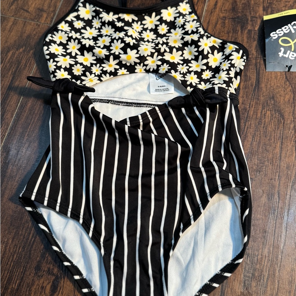 art class Black and White Daisy Kids Swim One Piece